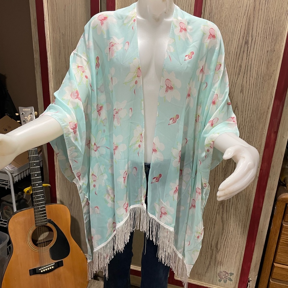 Floral Kimono with Fringe - Mint Green